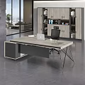 Modern Office Desk With Wooden Top Metal Legs Laptop And City View