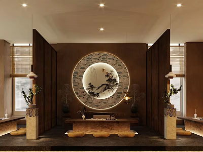 Traditional Chinese Boutique Interior With Wooden Decor Circular Mirror And Potted Plants 3d model