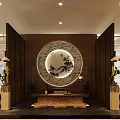 Traditional Chinese Boutique Interior With Wooden Decor Circular Mirror And Potted Plants