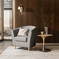 Grey Single Sofa with Decorative Pillow Beside Small Round Table Wooden Wall Large Window View