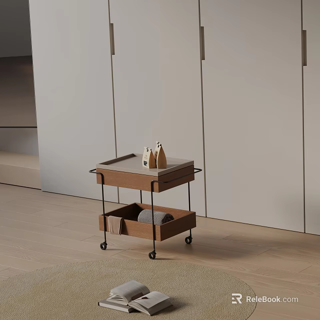 Wooden Side Table With Two Tier Storage Metal Frame And Wheels For Living Room 3d model 
