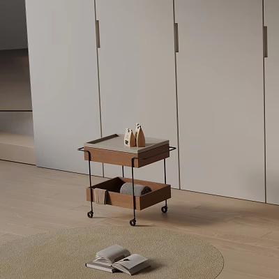 Wooden Side Table With Two Tier Storage Metal Frame And Wheels For Living Room 3d model