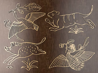 Intricate Animal And Bird Carved Patterns On Dark Wooden Panel 3d model