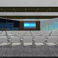 Modern Conference Room Interior Design With Rows Of White Chairs And Large Display Screen