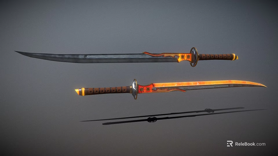 Samurai Swords With Black Orange Glowing Blades Decorative Handles And Sheath On Gray Background 3d model 