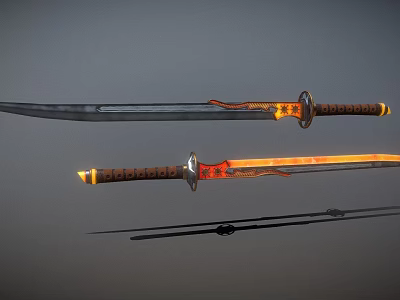 Samurai Swords With Black Orange Glowing Blades Decorative Handles And Sheath On Gray Background 3d model