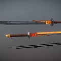 Samurai Swords With Black Orange Glowing Blades Decorative Handles And Sheath On Gray Background