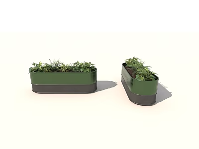 Decorative Green Rectangular Garden Planters with Black Base and Fresh Plants 3d model