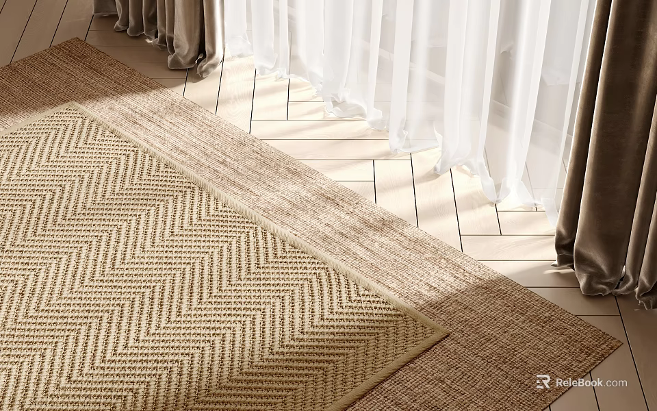 Square Herringbone Woven Rug In Bright Room With Curtains And Wooden Floor 3d model 