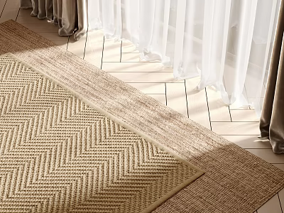 Square Herringbone Woven Rug In Bright Room With Curtains And Wooden Floor 3d model
