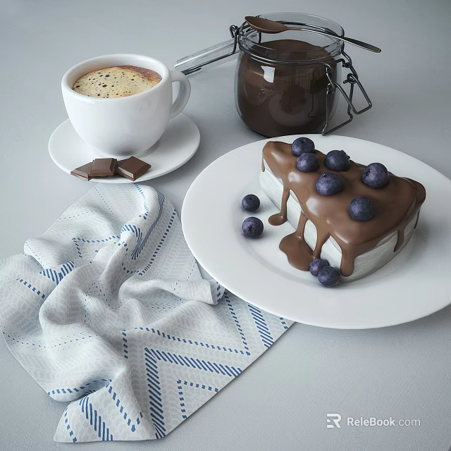 Chocolate Cake With Blueberries And Chocolate Sauce Served With Coffee Cup And Chocolate Pieces 3d model 