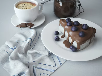 Chocolate Cake With Blueberries And Chocolate Sauce Served With Coffee Cup And Chocolate Pieces 3d model