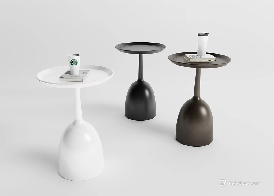 Stylish White Black and Brown Curved Base Tray Top Side Tables 3d model