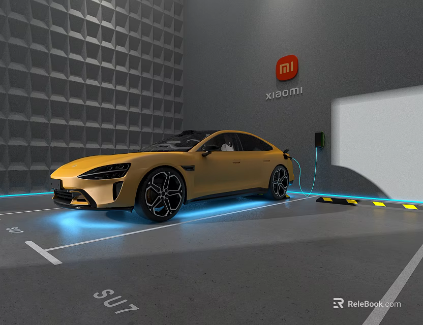 Yellow Xiaomi S17 Electric Car Charging In Testing Garage With Acoustic Panels 3d model 