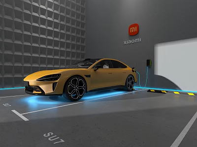 Yellow Xiaomi S17 Electric Car Charging In Testing Garage With Acoustic Panels 3d model