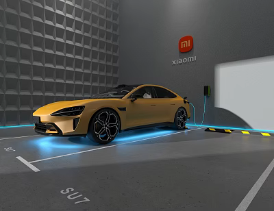 Yellow Xiaomi S17 Electric Car Charging In Testing Garage With Acoustic Panels 3d model