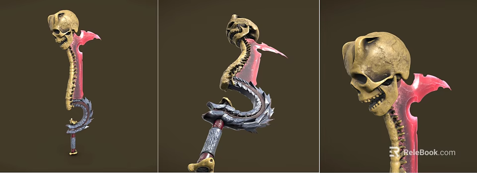 Intricate Mythical Weapon With Skull Head Serpent Design Red Blade Handle 3d model 