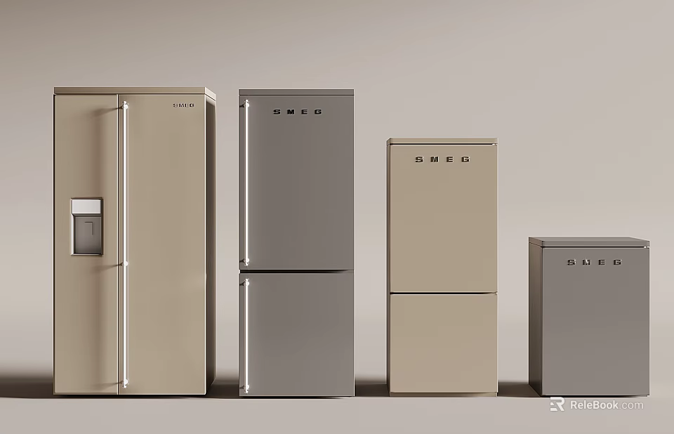 SMEG Refrigerators Featuring Various Styles Sizes and Beige Gray Colors 3d model 