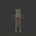 Two Rustic Elevated Metal Watchtowers With Antennas And Observation Cabins
