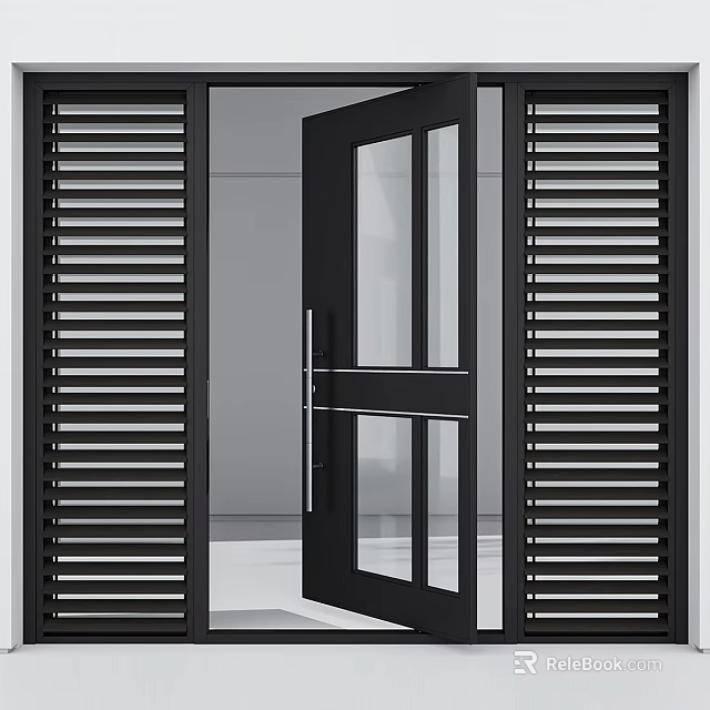 Black Swing Door With Glass Panels And Louvered Side Panels Modern Exterior Design 3d model 