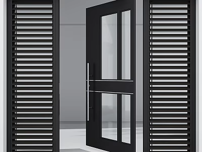Black Swing Door With Glass Panels And Louvered Side Panels Modern Exterior Design 3d model