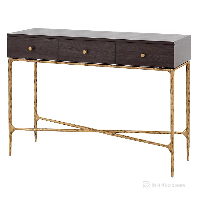 Modern Dark Wood Desk With Three Drawers And Gold Crossed Legs 3d model 