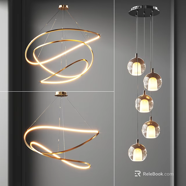 Modern Chandeliers With Curved Spiral And Glass Globe Designs For Illuminated Interior Decor 3d model 
