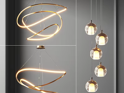 Modern Chandeliers With Curved Spiral And Glass Globe Designs For Illuminated Interior Decor 3d model