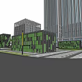 Modern Office Building with Green Block Facade and Contemporary Design Plaza Area