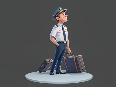 Man In Pilot Uniform Wearing Hat Standing With Two Suitcases On White Round Platform 3d model