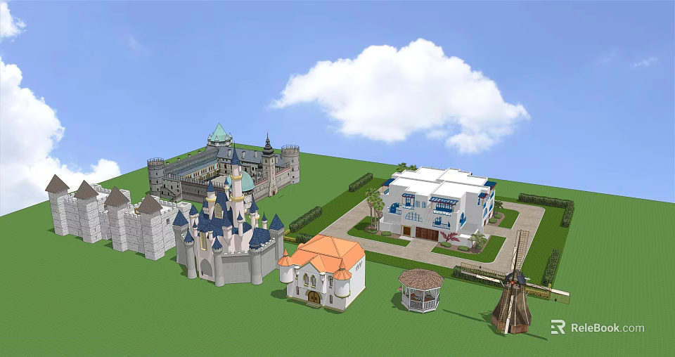 Modern Detached Villa With Green Lawn Windmill Gazebo And Castle Buildings 3d model 