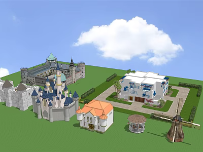 Modern Detached Villa With Green Lawn Windmill Gazebo And Castle Buildings 3d model