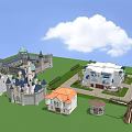 Modern Detached Villa With Green Lawn Windmill Gazebo And Castle Buildings