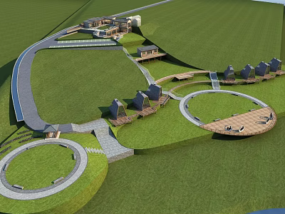 Scenic B&B Architecture With Green Lawn Curved Pathways And Circular Platforms 3d model