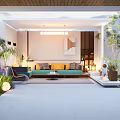 Modern White Feature Wall With Vertical Stripes Courtyard Green Plants And Decorative Lights
