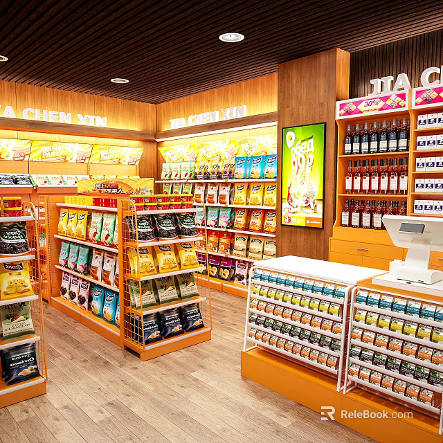 Spacious Supermarket Department Store Interior With Shelves Full Of Snacks Beverages And Cashier Counter 3d model 