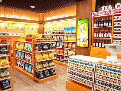 Spacious Supermarket Department Store Interior With Shelves Full Of Snacks Beverages And Cashier Counter 3d model
