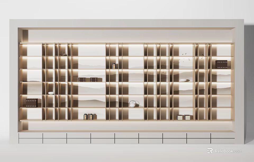 Elegant Modern Decorative Cabinet With Open Grid Design And Creamy White Wooden Shelves 3d model 