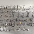 Diverse Sports Equipment Collection Including Treadmills Dumbbells Weight Benches Rowing Machines and Exercise Bikes