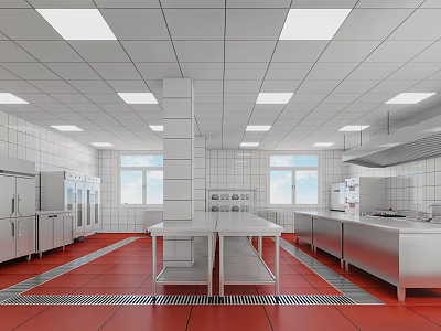 Commercial Kitchen With Stainless Steel Equipment Central White Worktable Red Flooring White Tiled Walls Ceiling Lights 3d model