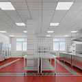 Commercial Kitchen With Stainless Steel Equipment Central White Worktable Red Flooring White Tiled Walls Ceiling Lights