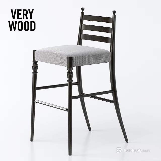 Wooden Single Chair with Black Legs Gray Padded Seat and Slatted Backrest 3d model 