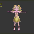 Woman With Green Hair In Yellow Dress And Red Decorations Arms Outstretched Standing Pose