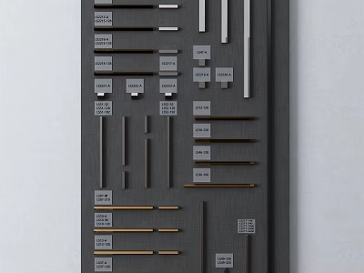 Metal Sample Display Panel Featuring Various Shaped Strips Different Colors And Labeled Sections 3d model