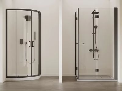 Handheld and Overhead Shower Head in Curved and Square Shower Enclosure with Clear Glass Door 3d model
