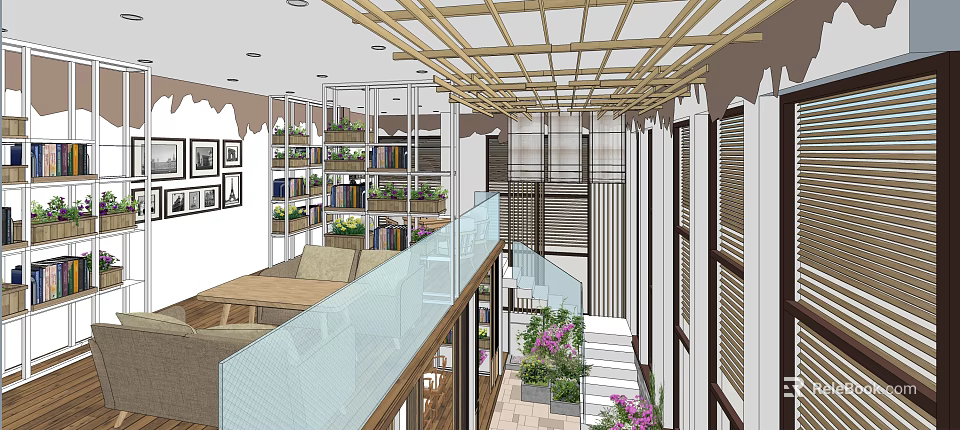 Cozy Café Interior With Wooden Ceiling Bookshelves Green Plants And Glass Railing 3d model 