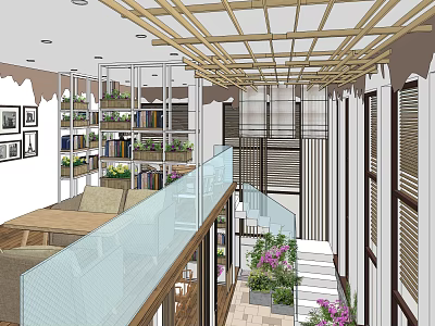 Cozy Café Interior With Wooden Ceiling Bookshelves Green Plants And Glass Railing 3d model