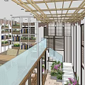 Cozy Café Interior With Wooden Ceiling Bookshelves Green Plants And Glass Railing