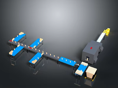 Automated Conveyor System With Robotic Arm Handling Cardboard Boxes For Logistics 3d model