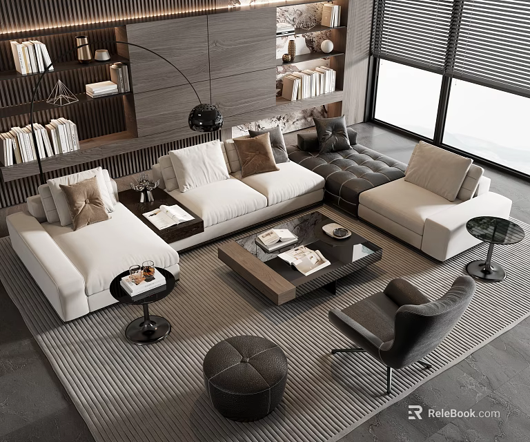 Modern Sectional Sofa Coffee Table Set With Pillows Ottoman Area Rug And Accent Chair 3d model 
